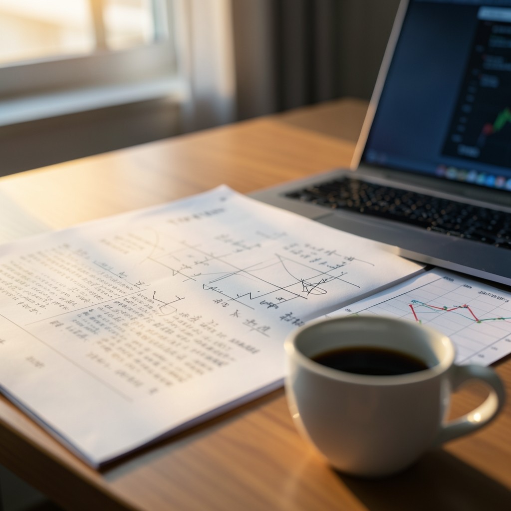 Draft trading plan pages beside a marked chart ready for review