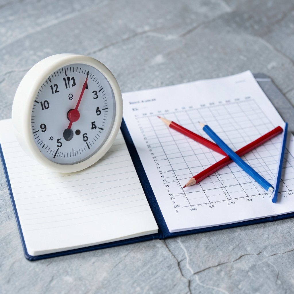 Timer, notebook, and chart print arranged for a timed annotation practice session