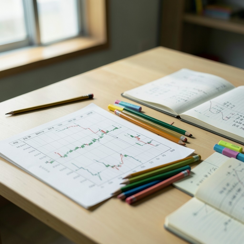 Printed price charts spread on a wooden table with pencils and annotation notes during a trading workshop