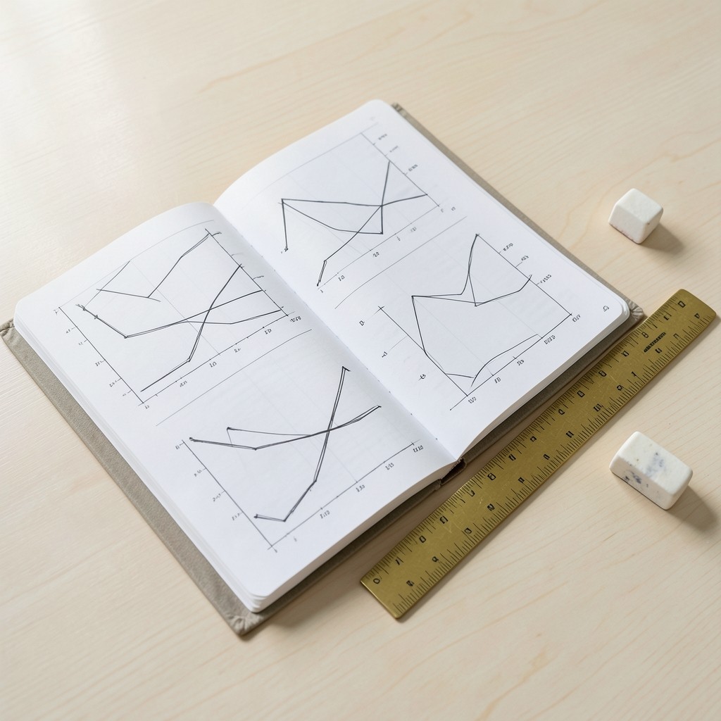 Open trading plan workbook with sketched chart layouts and rule columns on a desk