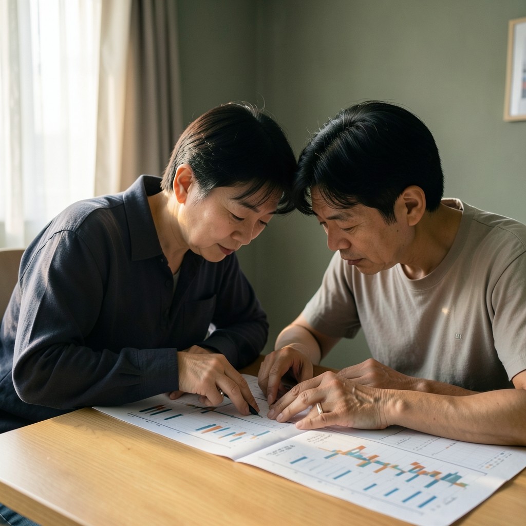 Two people reviewing annotated charts together at a quiet study table