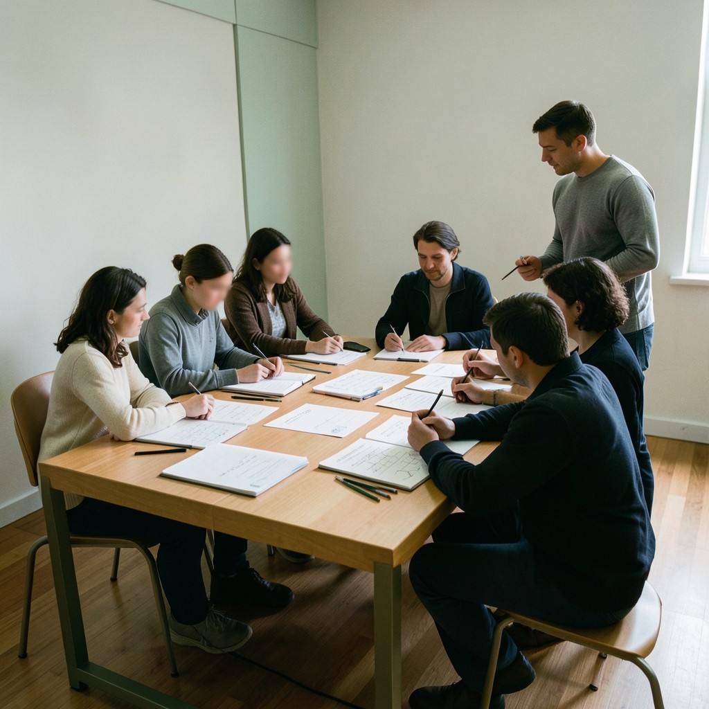Small group seated around a table practicing chart markup during a weekend workshop